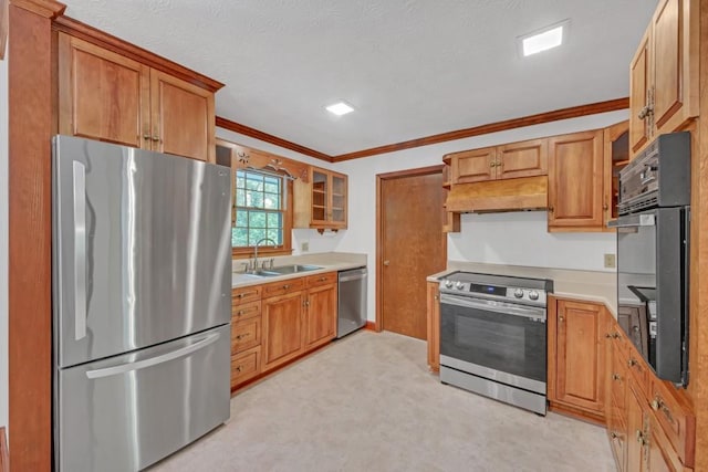 4856 Rock Haven Dr, Lilburn, GA 30047 - kitchen featuring appliances with stainless steel finishes, a sink, ornamental molding, light countertops, and glass insert cabinets
