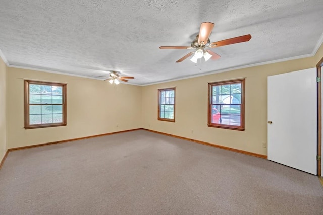 4856 Rock Haven Dr, Lilburn, GA 30047 - spare room featuring a ceiling fan, baseboards, light carpet, a textured ceiling, and crown molding
