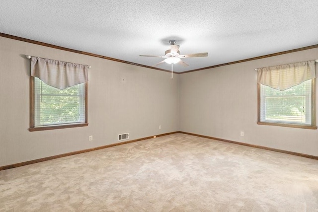 carpeted spare room with ceiling fan, plenty of natural light, ornamental molding, and a textured ceiling