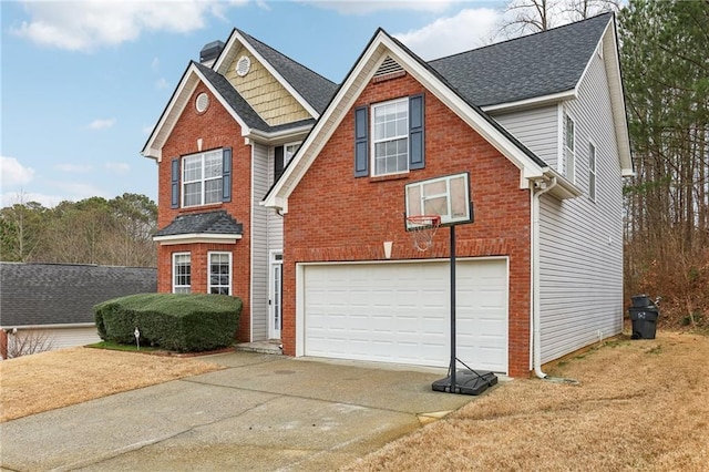 traditional-style home with a shingled roof, brick siding, driveway, and an attached garage