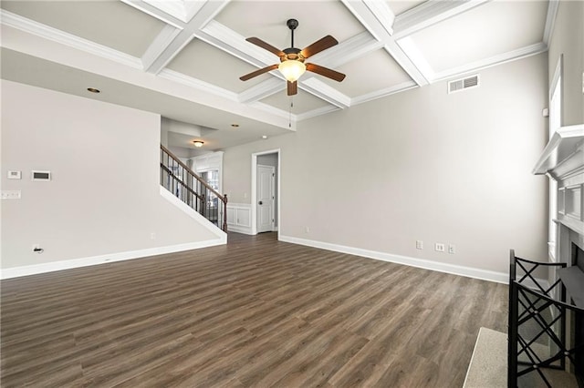 unfurnished living room featuring beam ceiling, ceiling fan, coffered ceiling, and dark hardwood / wood-style floors