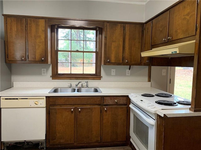 499 Oak Way, Lawrenceville, GA 30046 - kitchen featuring white appliances, light countertops, under cabinet range hood, and dark brown cabinets