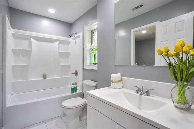 10664 Sandpiper Rd, Jonesboro, GA 30238 - bathroom with toilet, vanity, bathtub / shower combination, marble finish floors, and recessed lighting