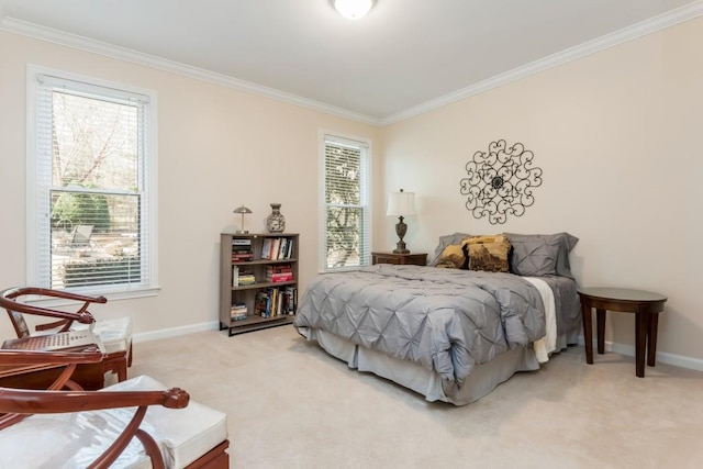 bedroom with light carpet, ornamental molding, multiple windows, and baseboards