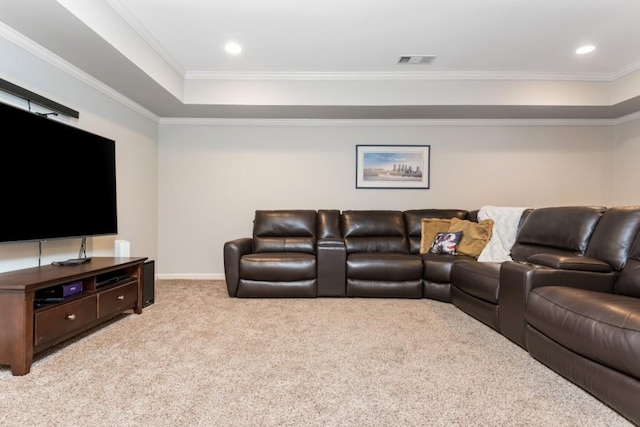 carpeted living area featuring ornamental molding, recessed lighting, a raised ceiling, and visible vents