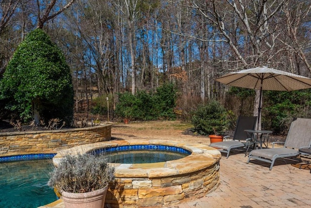 view of pool with a patio and an in ground hot tub