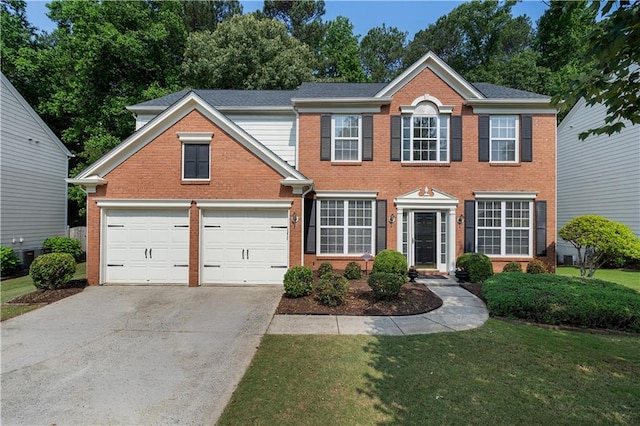 4321 Sugar Maple Chase NW, Acworth, GA 30101 - colonial-style house with brick siding, concrete driveway, a front yard, and a garage