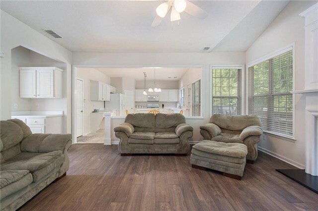 4321 Sugar Maple Chase NW, Acworth, GA 30101 - living room with dark wood-style floors, a chandelier, ceiling fan, and baseboards
