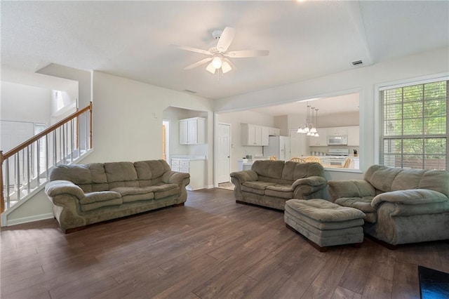 4321 Sugar Maple Chase NW, Acworth, GA 30101 - living room with ceiling fan, dark wood finished floors, stairs, and a chandelier