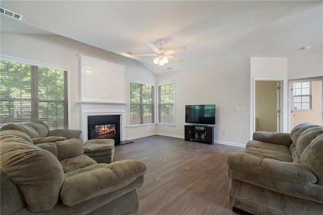 4321 Sugar Maple Chase NW, Acworth, GA 30101 - living area featuring dark wood-type flooring, plenty of natural light, a glass covered fireplace, baseboards, and vaulted ceiling