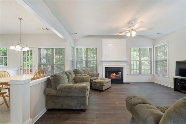 4321 Sugar Maple Chase NW, Acworth, GA 30101 - living room with a ceiling fan, plenty of natural light, a glass covered fireplace, dark wood-style flooring, and lofted ceiling