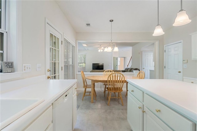 4321 Sugar Maple Chase NW, Acworth, GA 30101 - kitchen featuring dishwasher, light countertops, white cabinetry, a chandelier, and pendant lighting