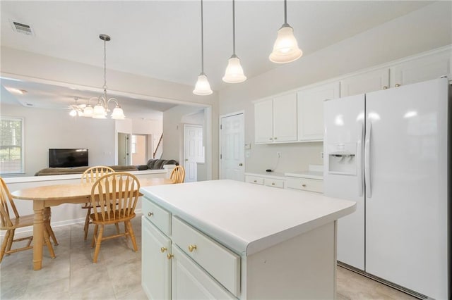 4321 Sugar Maple Chase NW, Acworth, GA 30101 - kitchen with white fridge with ice dispenser, a kitchen island, light countertops, white cabinets, and open floor plan