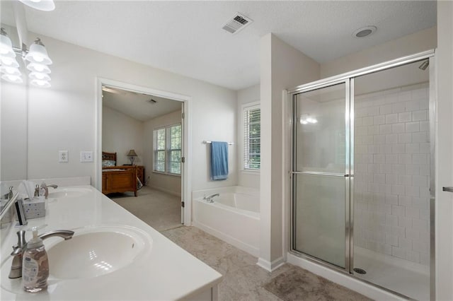 4321 Sugar Maple Chase NW, Acworth, GA 30101 - bathroom featuring a stall shower, double vanity, a garden tub, a textured ceiling, and a chandelier