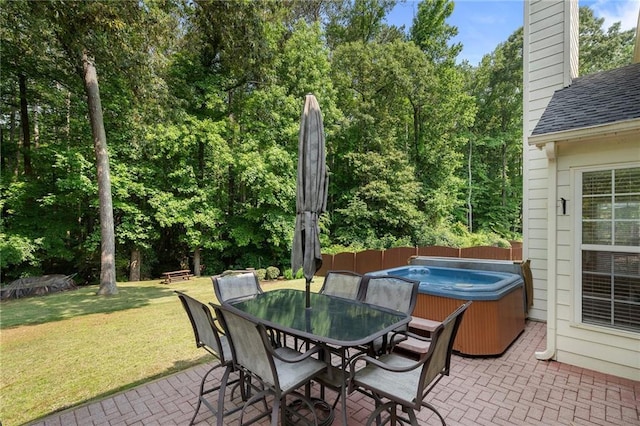4321 Sugar Maple Chase NW, Acworth, GA 30101 - view of patio / terrace with a hot tub, outdoor dining space, and view of scattered trees