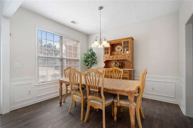 4321 Sugar Maple Chase NW, Acworth, GA 30101 - dining room with a chandelier, dark wood-style flooring, plenty of natural light, wainscoting, and a textured ceiling