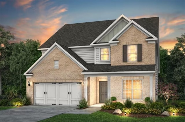 view of front of home featuring concrete driveway, brick siding, board and batten siding, and roof with shingles