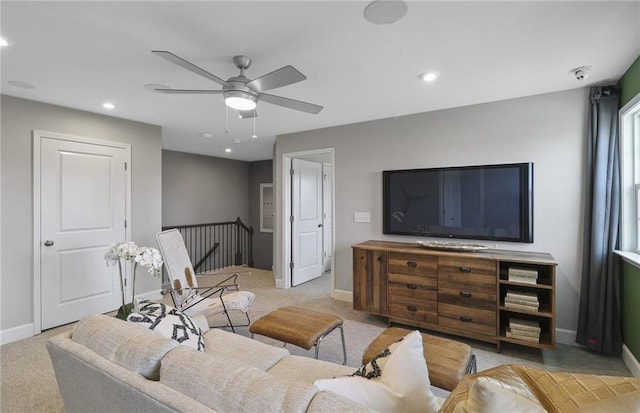 living room with recessed lighting, baseboards, carpet floors, and ceiling fan