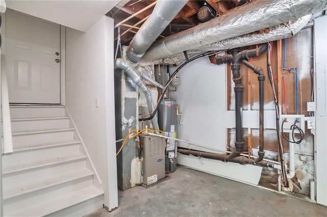unfinished basement with water heater and stairway