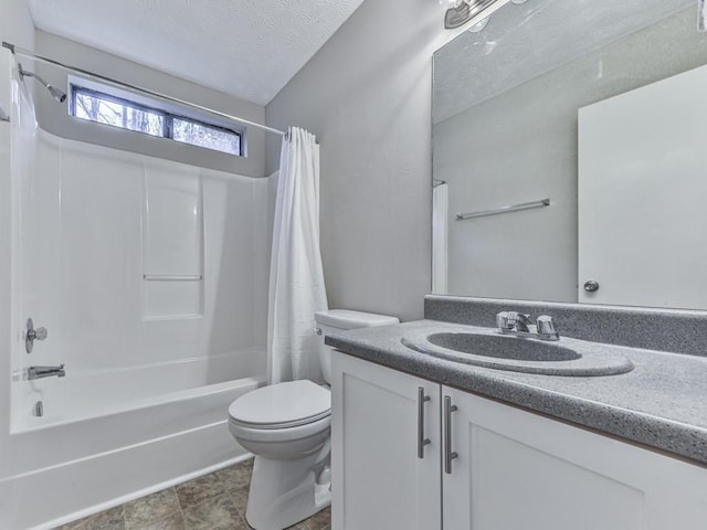 full bathroom featuring tile patterned flooring, a textured ceiling, toilet, vanity, and shower / tub combo