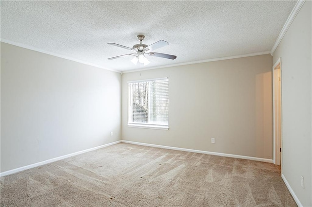 unfurnished room featuring ceiling fan, crown molding, light carpet, and a textured ceiling