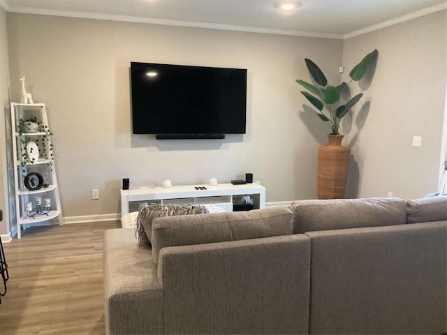 living room with ornamental molding and wood-type flooring