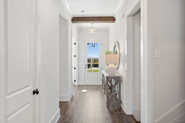 doorway with beam ceiling, dark wood-type flooring, baseboards, and ornamental molding