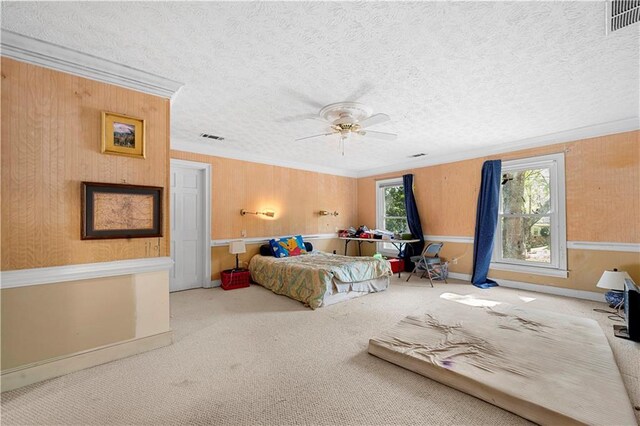 6048 Kings Mountain Way, Tucker, GA 30087 - carpeted bedroom featuring ornamental molding, visible vents, a ceiling fan, and a textured ceiling