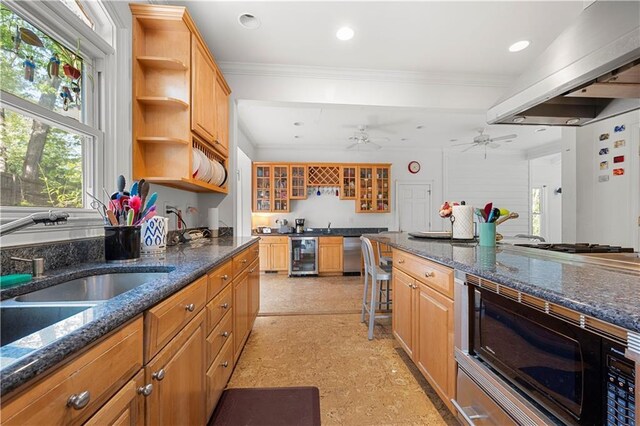 6048 Kings Mountain Way, Tucker, GA 30087 - kitchen featuring wine cooler, open shelves, recessed lighting, and extractor fan