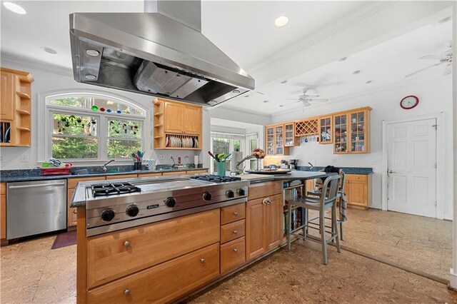 6048 Kings Mountain Way, Tucker, GA 30087 - kitchen with extractor fan, ceiling fan, open shelves, and stainless steel appliances