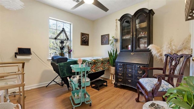 office featuring baseboards, wood finished floors, and a ceiling fan