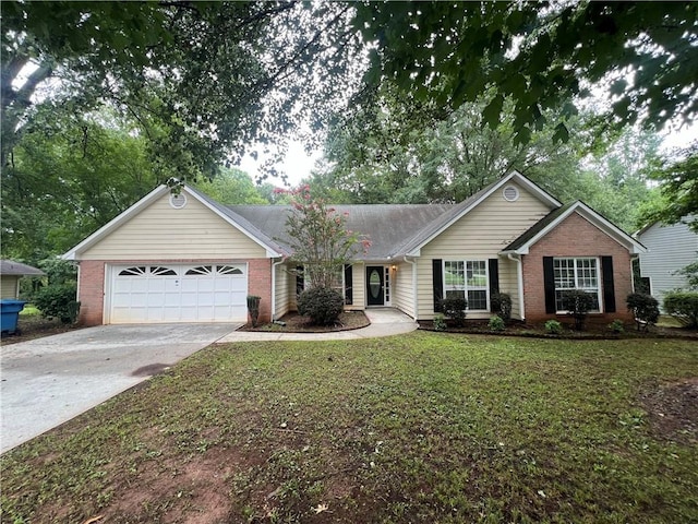 ranch-style house with a garage and a front lawn