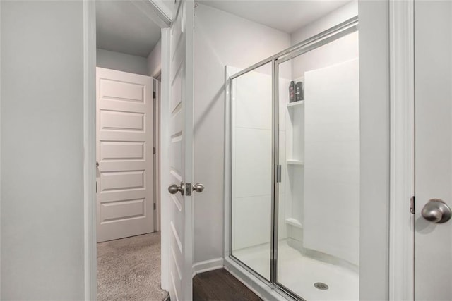 bathroom featuring a shower with shower door