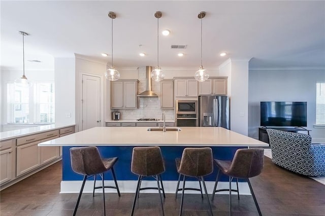 kitchen with appliances with stainless steel finishes, a healthy amount of sunlight, a sink, an island with sink, and wall chimney exhaust hood