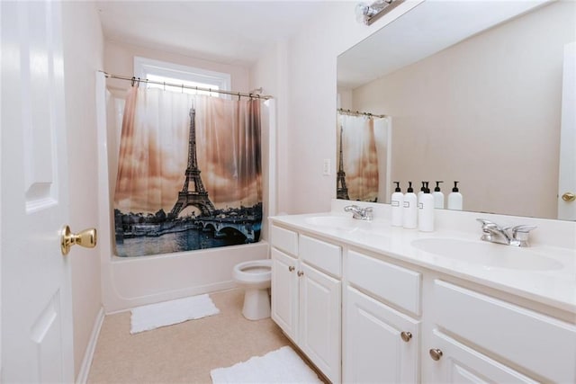 full bathroom featuring vanity, toilet, and shower / tub combo with curtain