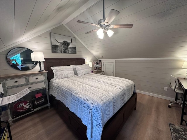 bedroom with wooden walls, lofted ceiling, ceiling fan, dark wood-type flooring, and wooden ceiling