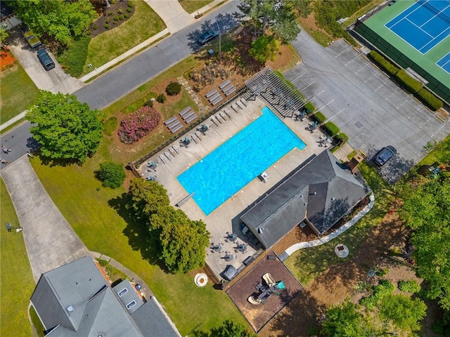 aerial view of a pool area