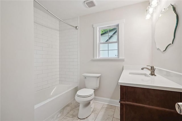 full bath with visible vents, bathtub / shower combination, vanity, toilet, and marble finish floor