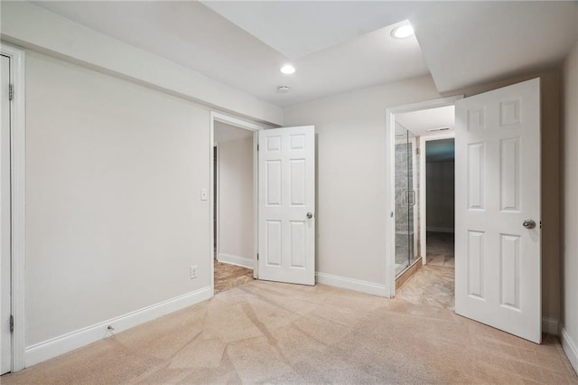 unfurnished bedroom with baseboards, carpet flooring, and recessed lighting