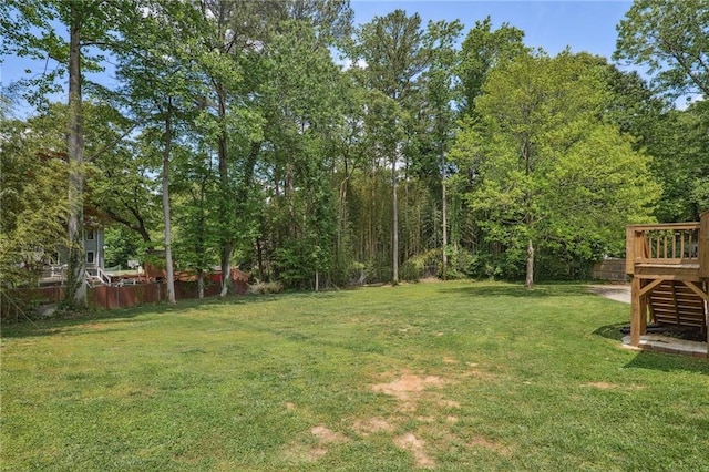 view of yard with fence and a wooden deck