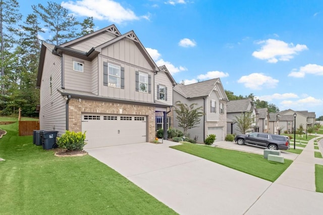 craftsman-style house with a garage, a front yard, and central AC