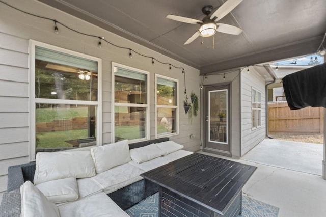 view of patio with ceiling fan and an outdoor hangout area