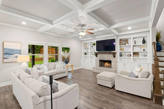 living room with dark wood-type flooring, beamed ceiling, and coffered ceiling