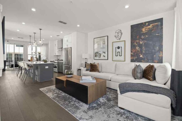 living room featuring sink and dark wood-type flooring