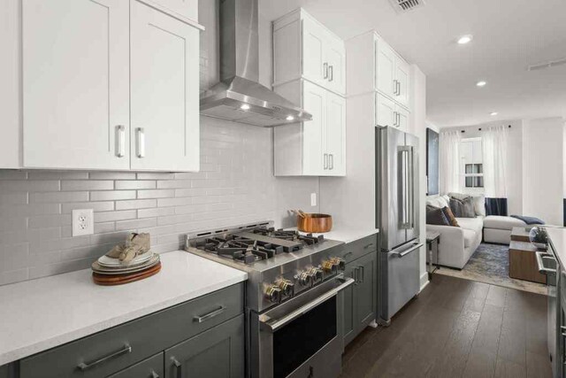 kitchen featuring backsplash, dark wood-type flooring, wall chimney exhaust hood, white cabinets, and high quality appliances