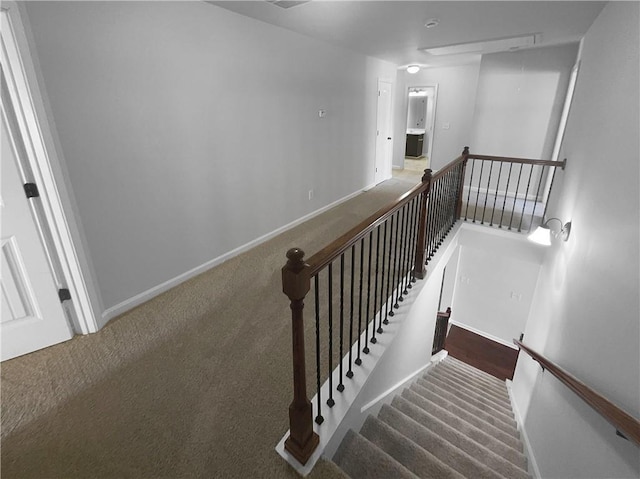 staircase featuring attic access, carpet floors, and baseboards