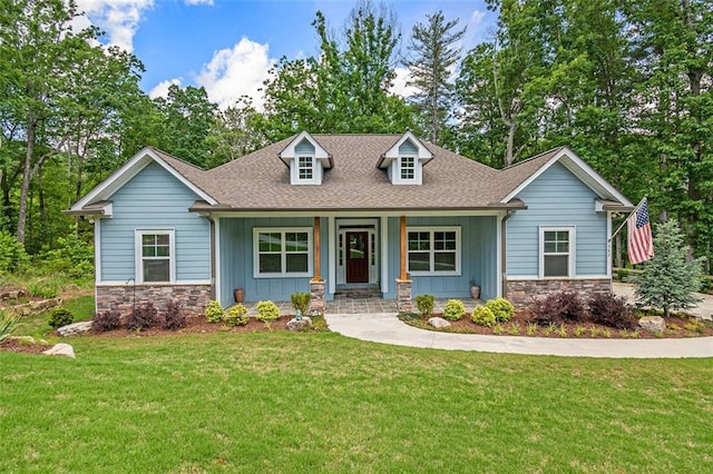 562 Yonah Lake Dr, Sautee Nacoochee, GA 30572 - view of front of house featuring stone siding, covered porch, and a shingled roof
