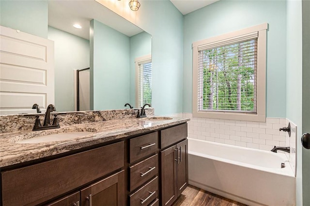 562 Yonah Lake Dr, Sautee Nacoochee, GA 30572 - bathroom with wood finished floors, a garden tub, double vanity, and a shower stall
