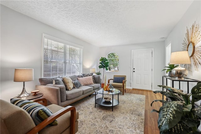 living room featuring a textured ceiling, baseboards, and wood finished floors