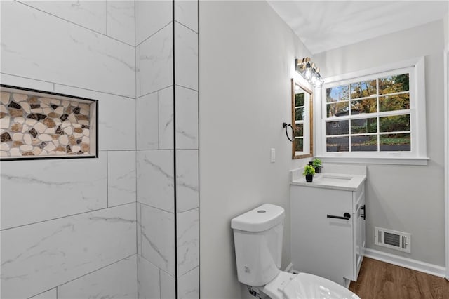 bathroom with vanity, wood-type flooring, and toilet